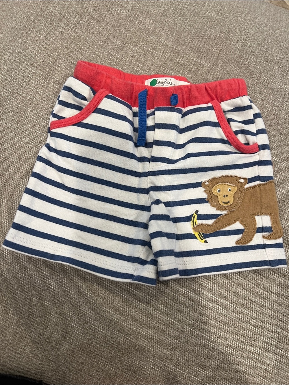 Mini Boden Navy and White Striped Tee with Brown Monkey and Red Trim